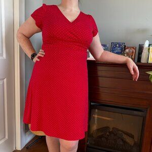 👗 Red Polka Dot A-line Midi Dress | Le Château | Good Condition